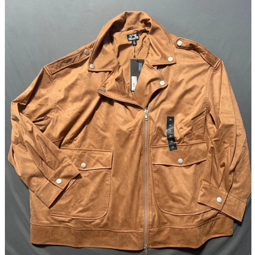 Faux Suede Bomber Jacket Womens Tan Camel Zip Up Utility - Picture 1 of 6